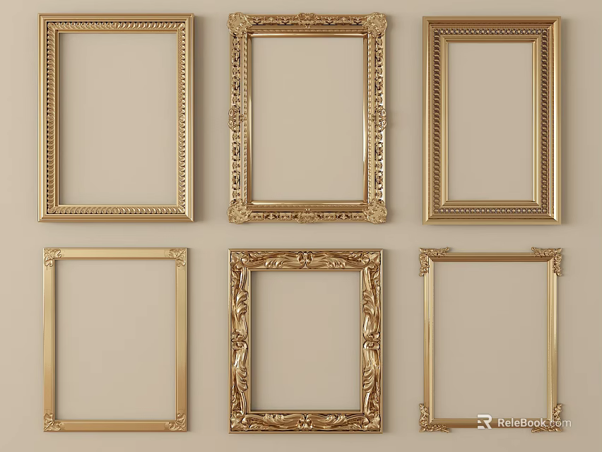 Golden Picture Frames With Various Ornate Designs For Home Decor 3d model 