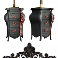 Vintage Black Carved Chest of Drawers with Red Accents and Ornate Mirror
