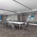 Modern Conference Room with Pendant Lights Tables Chairs Decorative Paintings and Carpet