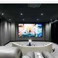 Modern Luxurious Home Theater Interior With Curved Sofa Recliner Seats And Projector