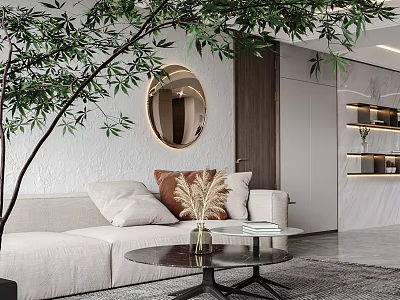 Minimalist Modern Living And Dining Area With Beige Sofa Round Mirror And Large Green Plant 3d model