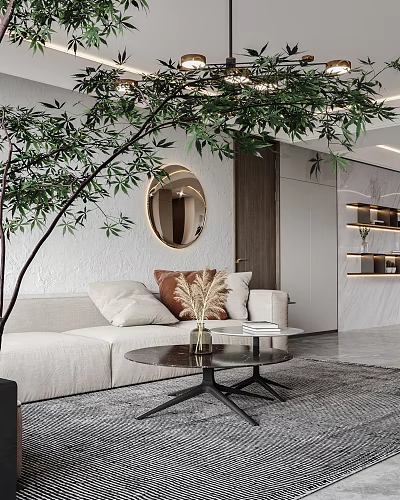 Minimalist Modern Living And Dining Area With Beige Sofa Round Mirror And Large Green Plant 3d model