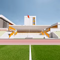 Modern Style School Building With White And Yellow Exterior Courtyard Trees Lawn And Pathway
