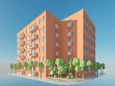 Orange Multi Storey Apartment Building With Balconies Surrounded By Green Trees Under Clear Blue Sky 3d model