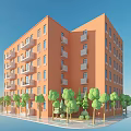 Orange Multi Storey Apartment Building With Balconies Surrounded By Green Trees Under Clear Blue Sky