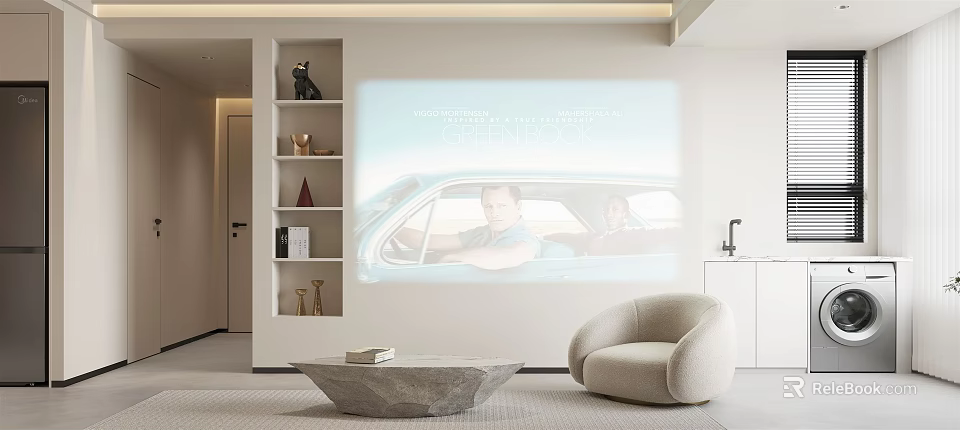 Modern Living Dining Room Interior With Projection Curved Sofa Stone Coffee Table And Open Shelves 3d model 