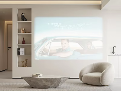 Modern Living Dining Room Interior With Projection Curved Sofa Stone Coffee Table And Open Shelves 3d model
