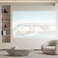 Modern Living Dining Room Interior With Projection Curved Sofa Stone Coffee Table And Open Shelves