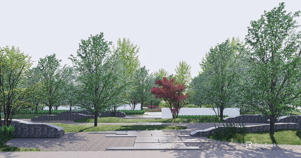 Scenic Park Landscape Featuring Green Trees Red Maple Stone Paths And Benches 3d model 