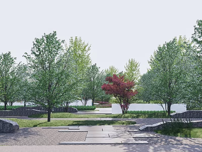 Scenic Park Landscape Featuring Green Trees Red Maple Stone Paths And Benches 3d model