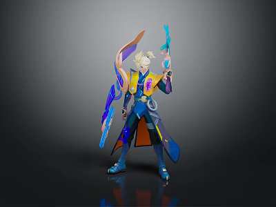 Anime Game Character With Blonde Hair Yellow Blue Outfit Holding Blue Orange Weapons Standing In Dark Background 3d model