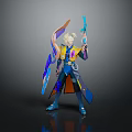 Anime Game Character With Blonde Hair Yellow Blue Outfit Holding Blue Orange Weapons Standing In Dark Background