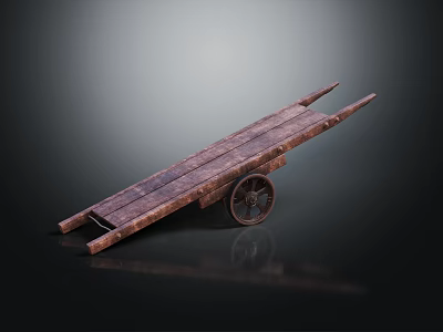 Rustic Old Wooden Cart With Plank Surface Two Handles And Metal Wheel 3d model