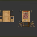 Wooden Furniture Set With Cabinet Dining Table Chairs Green Pendant Lights And Red Decorative Painting