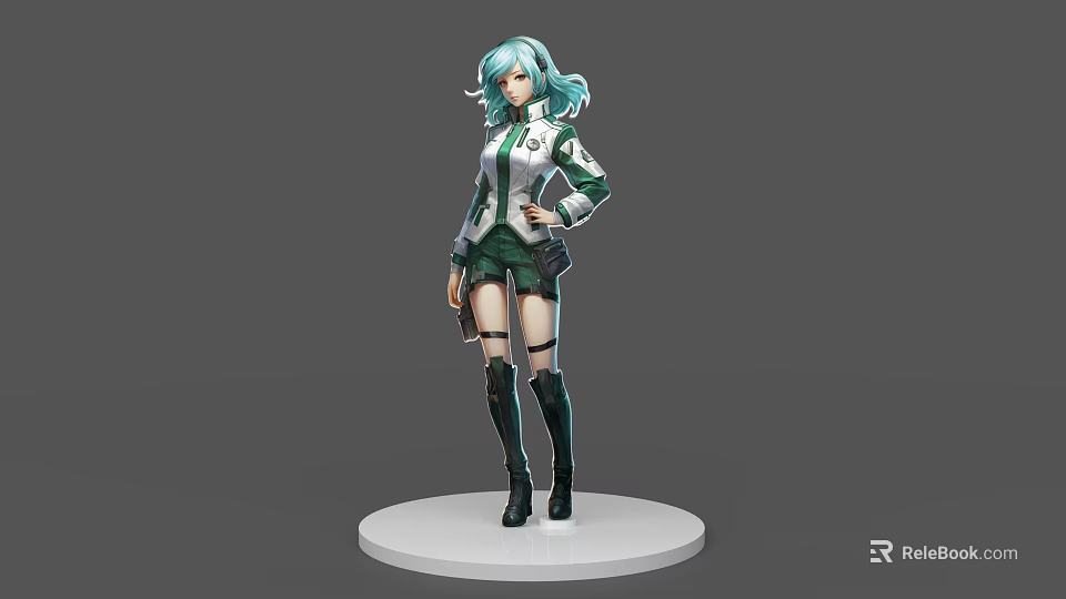 Game and Movie Character With Teal Hair Green White Uniform Short Skirt Black Boots 3d model 