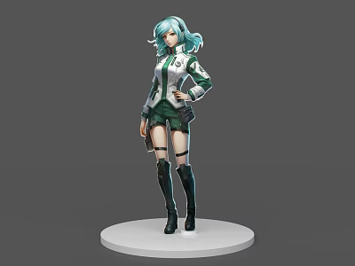 Game and Movie Character With Teal Hair Green White Uniform Short Skirt Black Boots 3d model