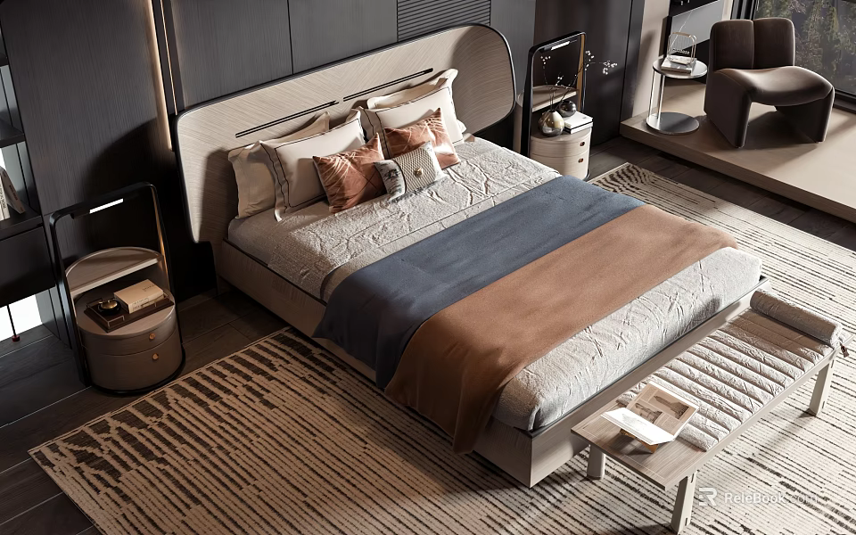 Contemporary Double Bed With Plush Mattress Gray Brown Bedding Side Tables And Area Rug 3d model 