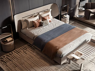 Contemporary Double Bed With Plush Mattress Gray Brown Bedding Side Tables And Area Rug 3d model