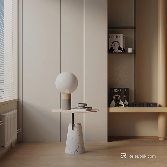 Modern Side Table With Marble Base Round Lamp And Small Objects In Living Room 3d model 