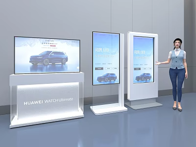 Standing Television Screens Displaying Car Ads With a Woman in Modern Exhibition Interior 3d model
