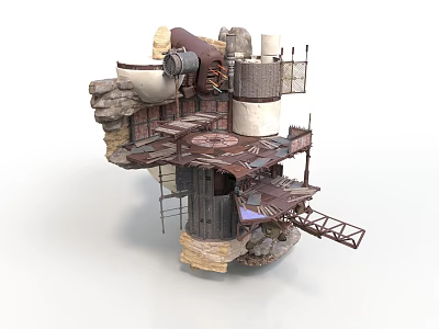 Industrial Scene Construction With Rock Base Circular Metal Platforms Pipes And Staircases 3d model