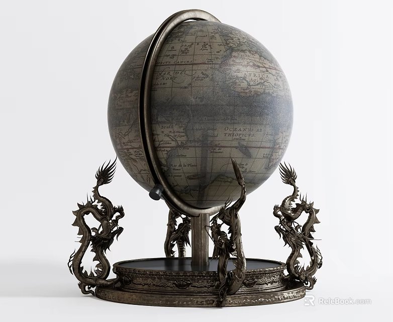 Elegant Vintage Decorative Globe Ornament Set With Intricate Dragon Shaped Base 3d model 