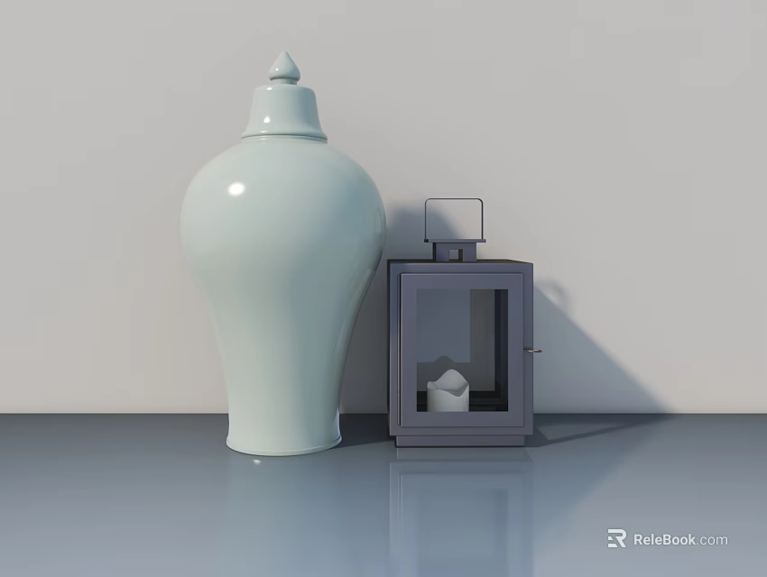 Sleek Gray Hinged Door Cabinet With White Vase In Minimalist Interior Space 3d model 