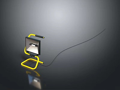 Yellow Portable Work Light With Adjustable Stand And Black Cable On Dark Surface 3d model