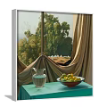 Still Life Glass Pitcher Bowl Of Lemons On Green Table Drawn Curtains Trees Outside