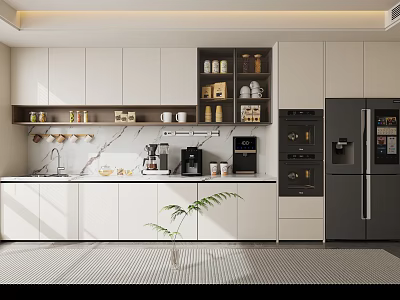 Modern Kitchen Sideboard With White Cabinets Marble Countertop And Coffee Appliances 3d model