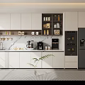 Modern Kitchen Sideboard With White Cabinets Marble Countertop And Coffee Appliances