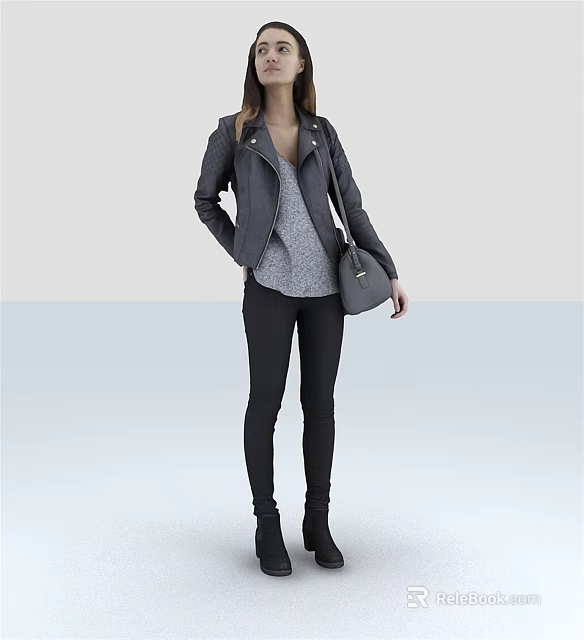 Stylish woman wearing black leather jacket gray top black pants and gray bag 3d model 