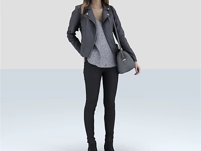 Stylish woman wearing black leather jacket gray top black pants and gray bag 3d model