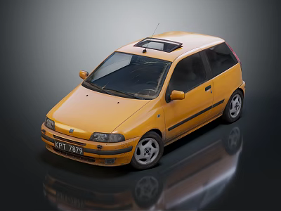Yellow Hatchback Car With Roof Rack Black Windows And Shiny Silver Wheels 3d model