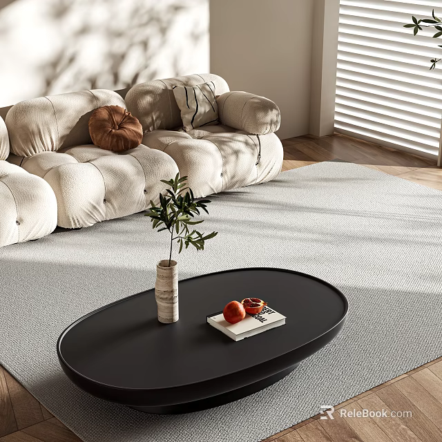 Stylish Black Oval Coffee Table With Ceramic Vase Plant Book And Fruits On Light Rug 3d model 