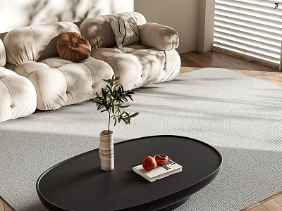 Stylish Black Oval Coffee Table With Ceramic Vase Plant Book And Fruits On Light Rug 3d model