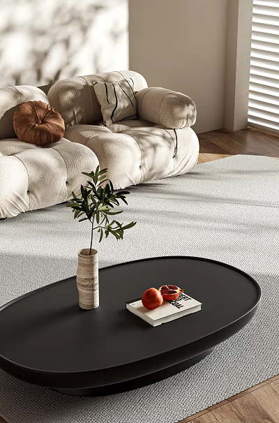 Stylish Black Oval Coffee Table With Ceramic Vase Plant Book And Fruits On Light Rug 3d model