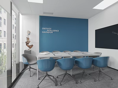 Modern Meeting Room Interior with Blue Wall Text Long Table Blue Chairs and Blackboard 3d model