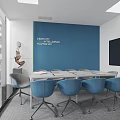 Modern Meeting Room Interior with Blue Wall Text Long Table Blue Chairs and Blackboard
