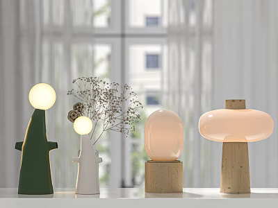 Unique Shaped Table Lamps In Green White And Wooden Designs For Modern Home Decor 3d model