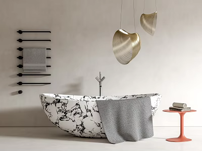 Marble Bathtub With Gray Towel Black Towel Rack And Gold Pendant Lights In Bathroom Interior 3d model