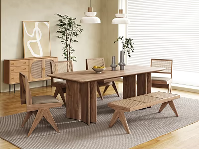Modern Minimalist Solid Wood Dining Table Set With Chairs Bench Pendant Lights And Artwork 3d model