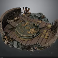 Vintage Wooden Boat Decorative Scene With Bronze Bell Gold Coins And Coral