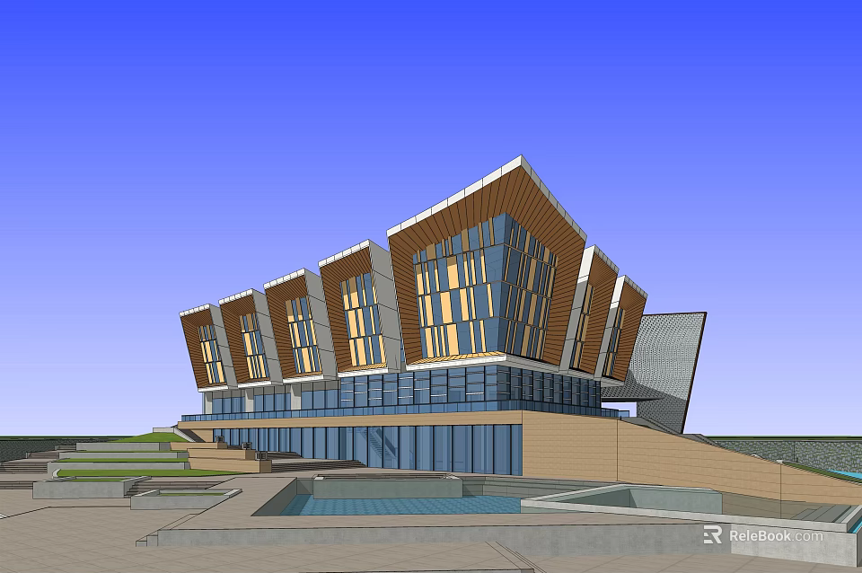 Modern Public Building With Unique Sloped Roofs Glass Windows And Outdoor Pool 3d model 