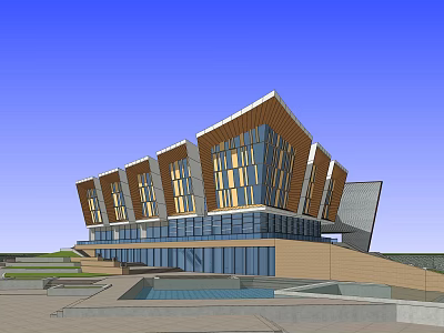Modern Public Building With Unique Sloped Roofs Glass Windows And Outdoor Pool 3d model