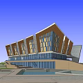 Modern Public Building With Unique Sloped Roofs Glass Windows And Outdoor Pool