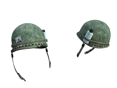 Worn Green Helmets with Straps and Decorative Details Displayed in Pair 3d model