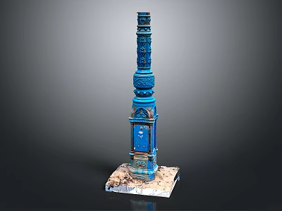 Blue Intricately Carved Decorative Column With Square Base And Ornate Patterns 3d model