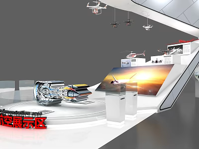Aviation Exhibition Booth Featuring Aircraft Models Helicopters and Display Screens 3d model