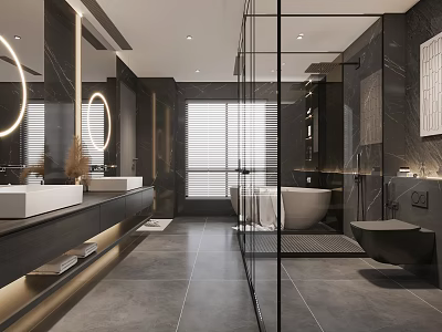 Modern Luxury Dark Marble Bathroom With Double Vanities Freestanding Bathtub And Frameless Glass Shower Area 3d model